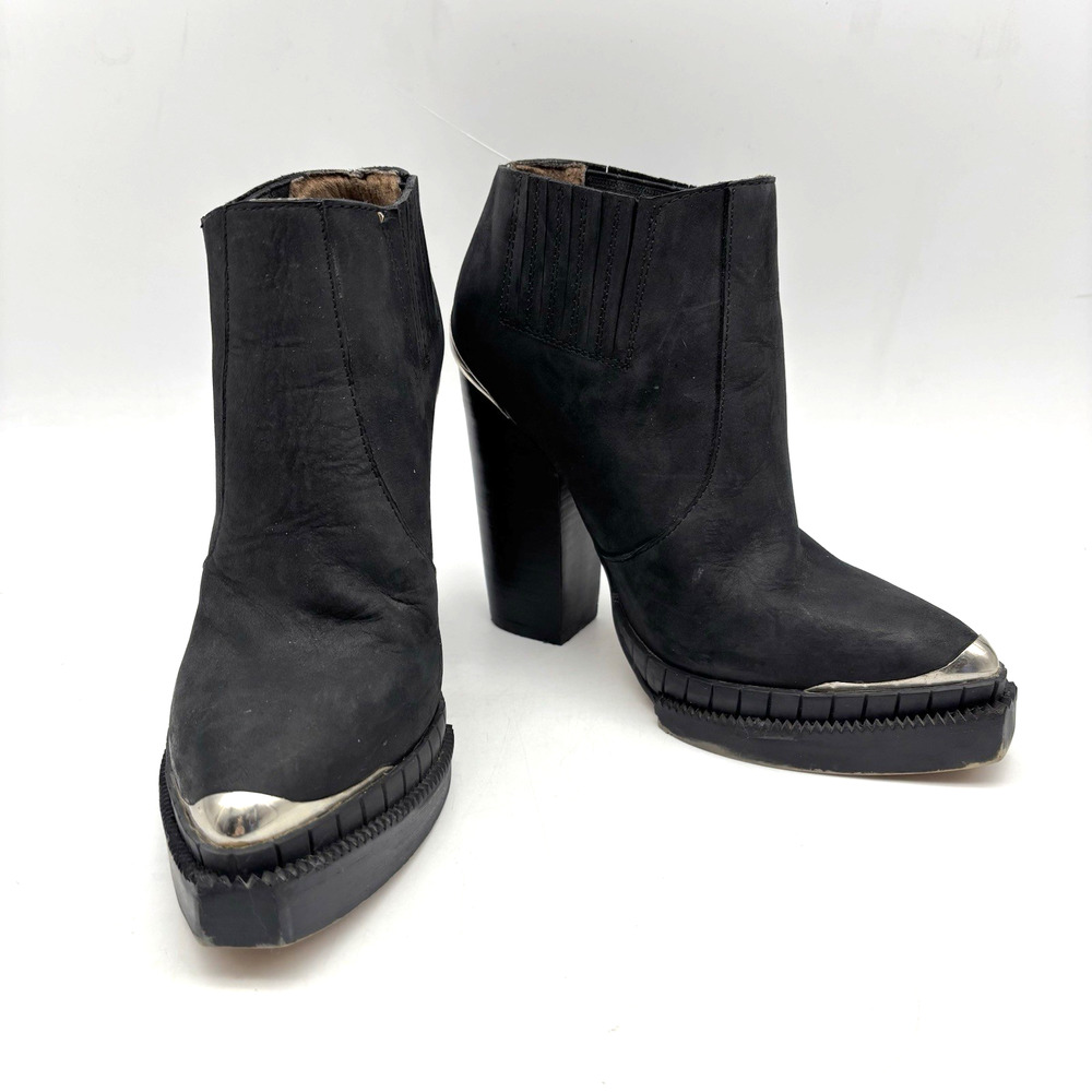 Jeffrey Campbell Black Leather Ankle Booties with Silver Toe Detail